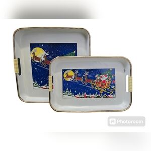 Vintage 2 Piece Christmas Lacquerware Serving Tray Set Santa Reindeer Sleigh